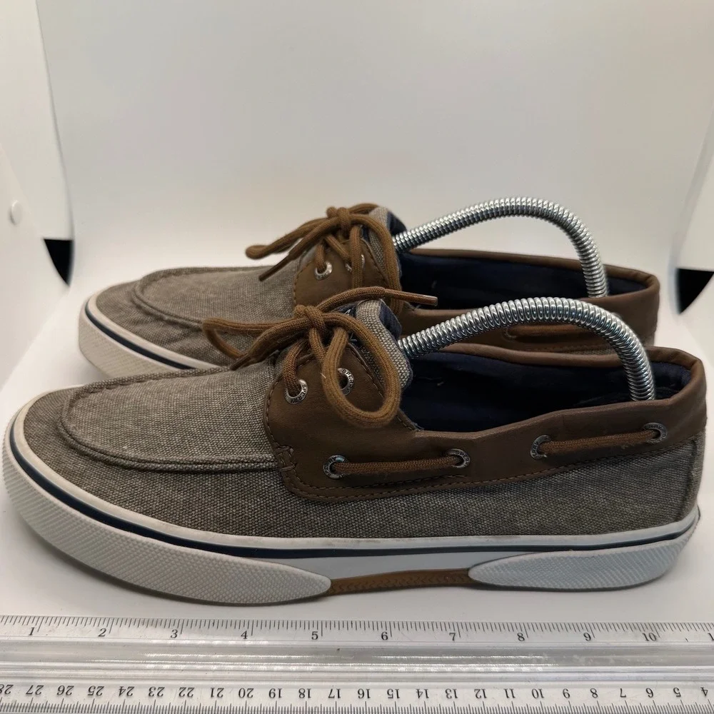 Sperry Bahama II Boat Shoes Mens 9 Brown Tan Canvas Leather Sneakers STS21489
